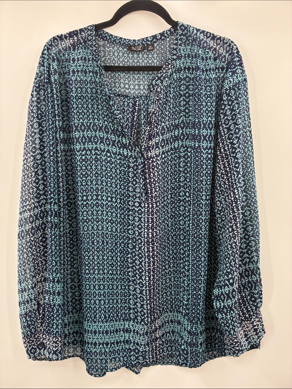 a.n.a Women's Navy & Teal Printed Long-Sleeve Tunic size 3X